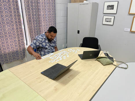 PictuCentre for Samoan Studies linguist Leota Sanele examines the cards we have produced for the pile-sorting research activity.re