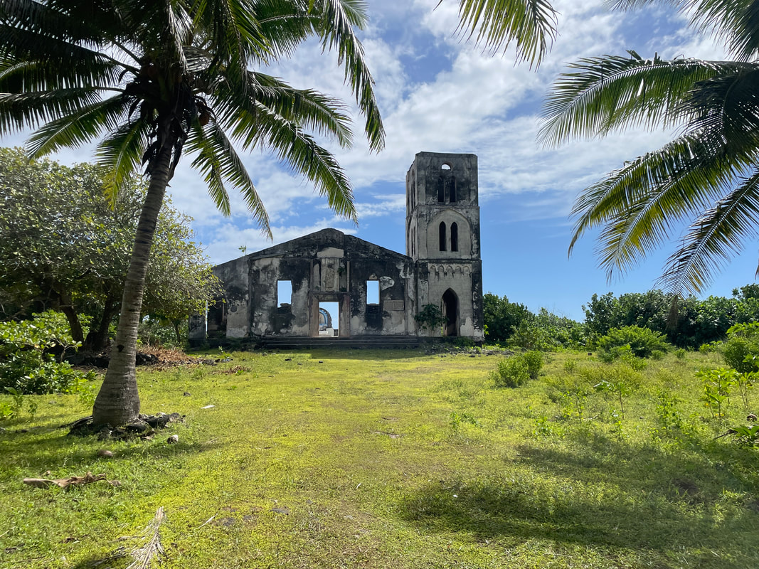 Catholic Church ruins at Falealupo. The church was destroyed by hurricanes in 1990 and 1991, and the area was largely abandoned, with locals shifting to locations more inland.Picture