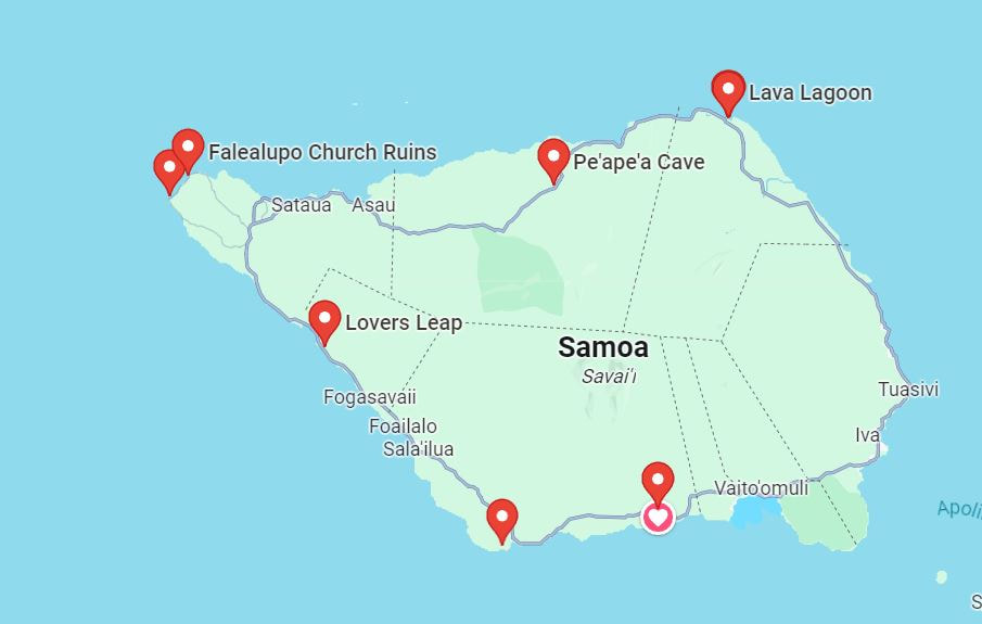 We started at the southeastern most point on this map (bottom right) in Gataivai and traveled clockwise around the island, stopping at the points indicated.